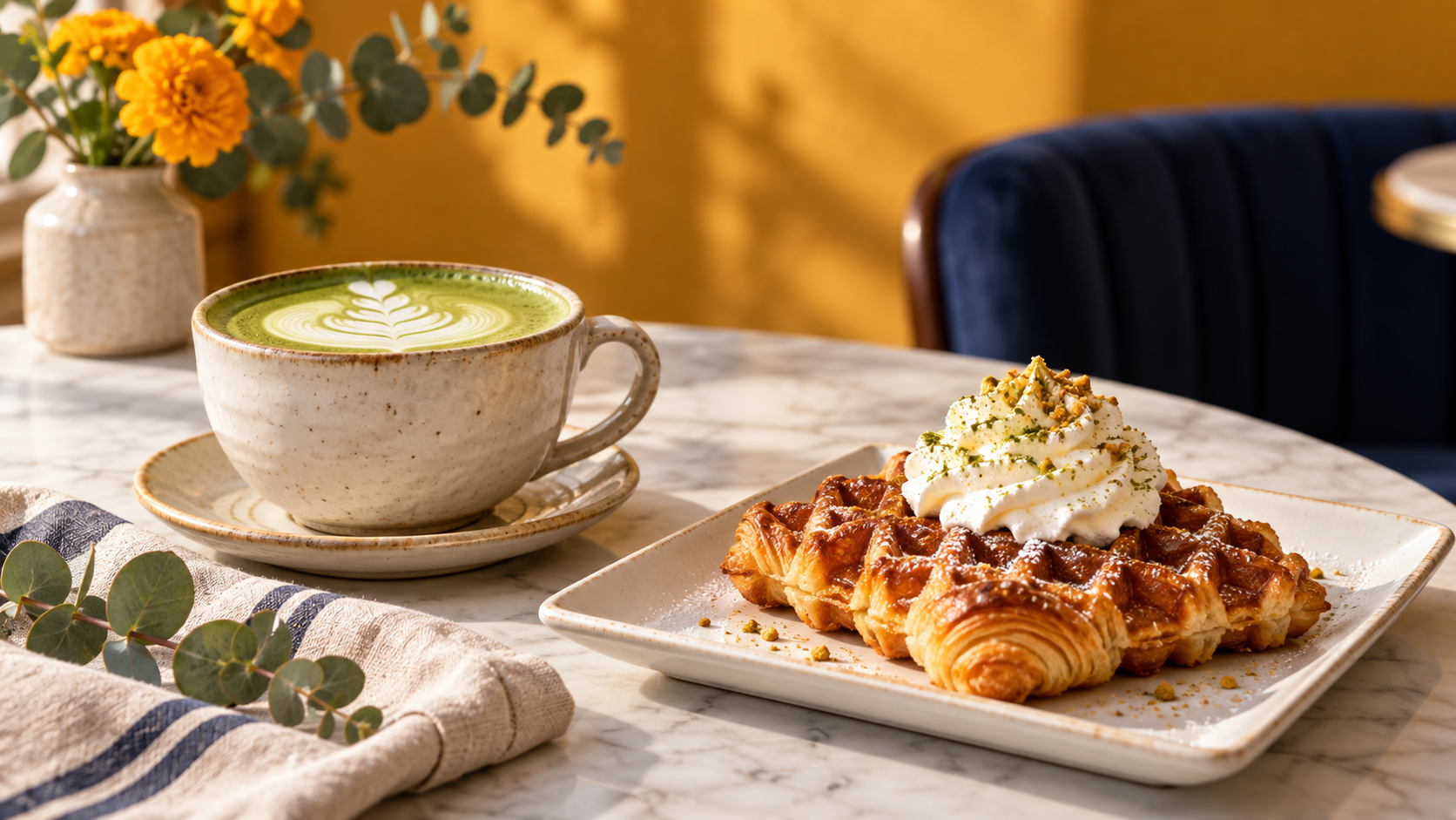 Matcha latte and a croffle with whipped cream on a marble cafe table