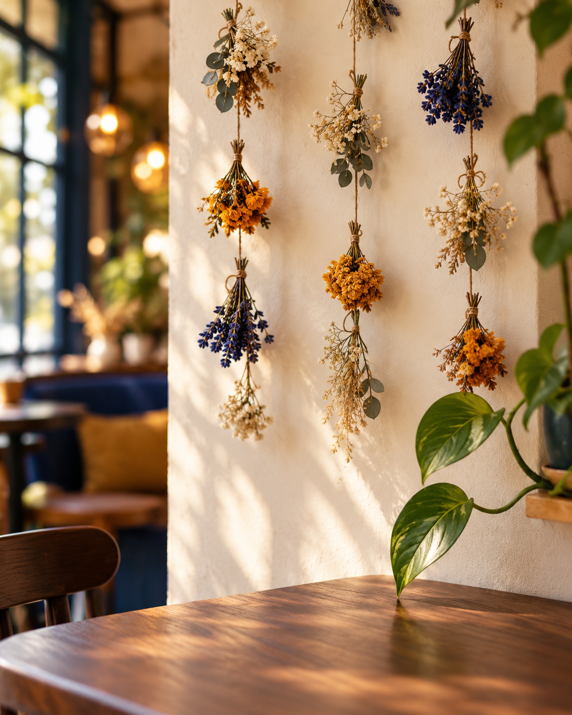 Dried-flower garlands and trailing plants above a wooden cafe table